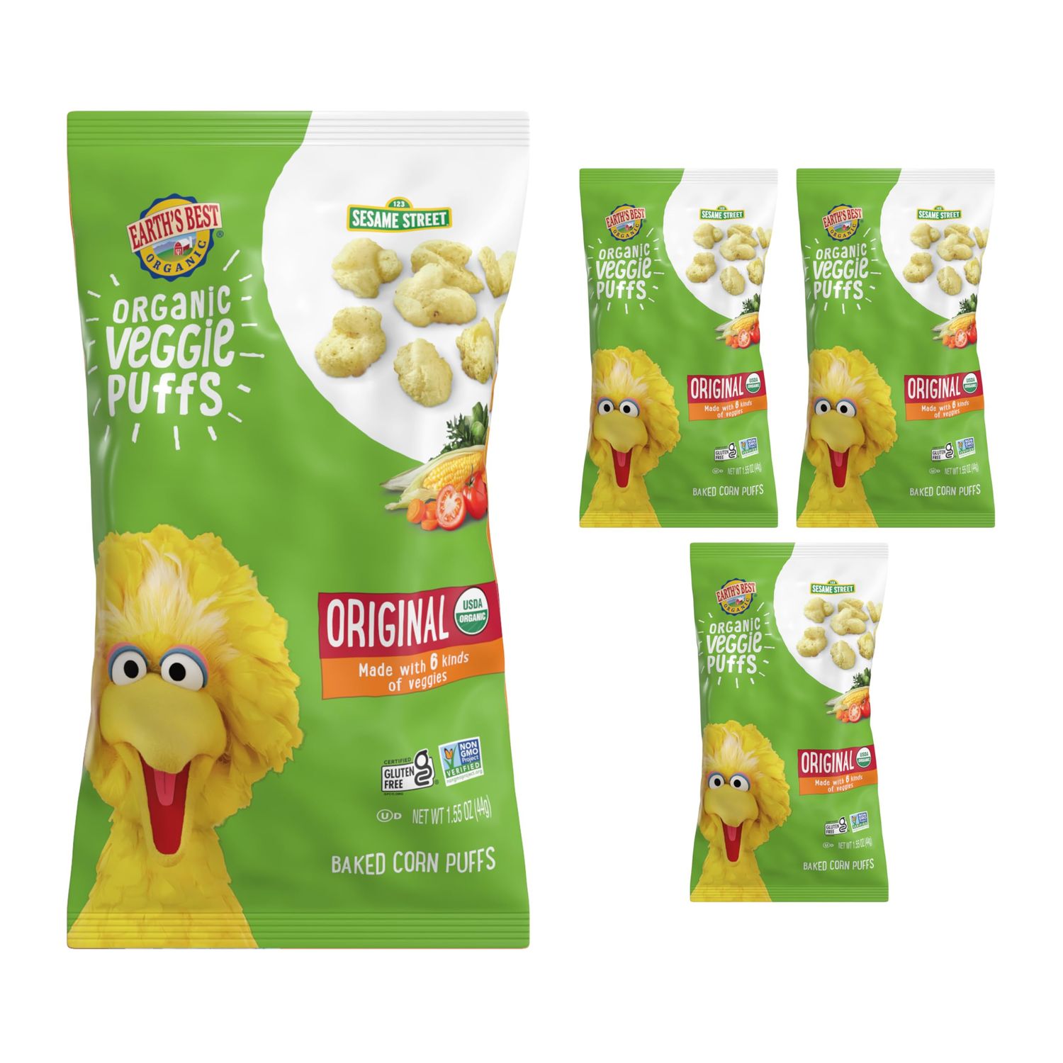 Earth&#39;s Best Organic Veggie Puffs for Toddlers 2 Years Old and Up, Original Flavor, 1.55 Ounce Bag (Pack of 4)