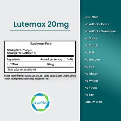 TRUEMED Lutemax 20mg 30 Days Supply Eye Supplement - Supports Macular Health, Vision Clarity, Heart Health, Protects Eyes from Blue Light &amp; Photons, Antioxidant Protection, GMP Certified 60 Softgel.