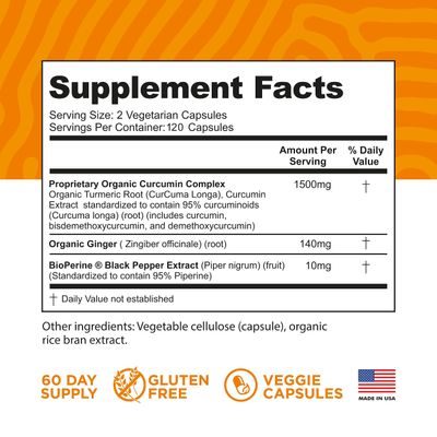 Turmeric Curcumin with BioPerine Black Pepper and Ginger - Made in USA - 120 Vegetarian Capsules for Advanced Absorption, Joints Support