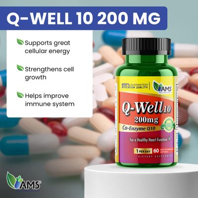 America Medic & Science Q-Well-10 (60 Count) | CoQ10 200mg Softgels | Nutritional Supplement with Coenzyme Q10 and Vitamin E | High Absorption Antioxidant for Enhanced Wellness and Heart Health