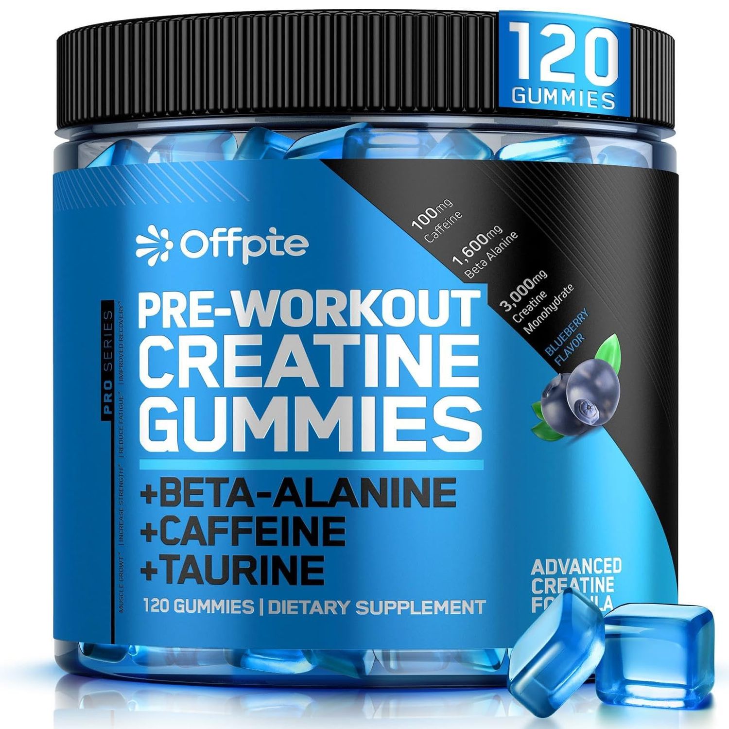 OFFPTE Pre Workout Gummies with Creatine Monohydrate, Beta-Alanine,Taurine for Strength &amp; Endurance, Preworkout Energy Cheweable Gummies Sugar-Free for Men &amp; Women, 120 Gummies, Blueberry-A Flavor.