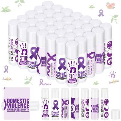 Sacubee 50 Pcs Domestic Violence Awareness Lip Balm Bulk Purple Ribbon Lip Moisturizer Vanilla Sunscreen Lip Balm Gift for Women Men 16 Days of Against Violence Public Event Supplies, 5 Scents