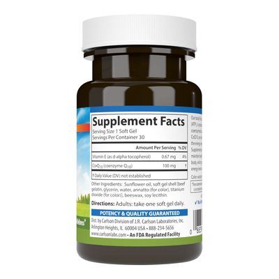 Carlson - Co-Q10, Co-Enzyme Q10, 100 mg, Energy Production &amp; Heart Function, 30 Softgels