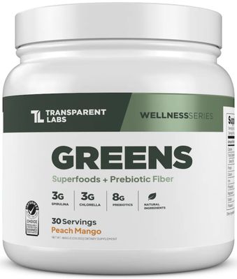 Transparent Labs Prebiotic Greens - Superfood Powder &amp; Antioxidants Supplement with Organic Spirulina, Chloerra, Acacia, &amp; Green Banana Powder - 30 Servings, Peach Mango