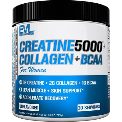 Evlution Nutrition Creatine 5000 Collagen BCAA - for Women - Supports Lean Muscle Growth - 5g Creatine Monohydrate, 2g Collagen Peptides &amp; 1g BCAAs Per Serving - 30 Servings - Unflavored Powder