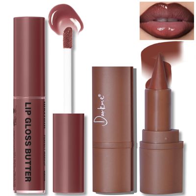 HOSAILY Lip Liner and Gloss Set, Dark Red Plumping Lip Liner Lip Pencil Moisturizing Lightweight Lip Gloss Lip Combo, High Shine Glossy Lip Tint Lip Stain Makeup Long Lasting Lip Care for Women