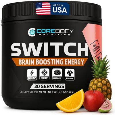 CoreBody Switch Energy Drink Mix -Nootropics Brain Support Supplement for Memory &amp; Focus, Sugar Free Energy Booster with Nootropics, Alpha GPC, All Day Focus (Tropical Punch)