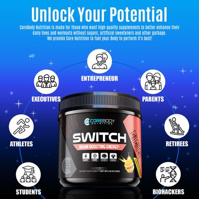 CoreBody Switch Energy Drink Mix -Nootropics Brain Support Supplement for Memory & Focus, Sugar Free Energy Booster with Nootropics, Alpha GPC, All Day Focus (Tropical Punch)