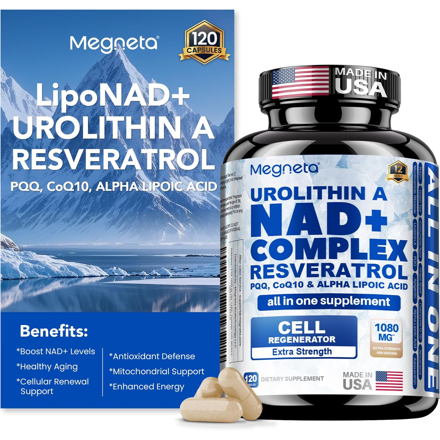 Liposomal NAD Supplement 1080mg, NAD Resveratrol Urolithin A Complex Supplements 120 Capsule With PQQ, CoQ10, Alpha Lipoic for Men&amp; Women, Cellular Support, Anti-Aging, Antioxidant and Energy Booster