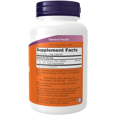 NOW Supplements, Grape Seed Extract, Maximum Strength 500 mg (a Highly Concentrated Extract with a Minimum of 90 Polyphenols), 90 Veg Capsules