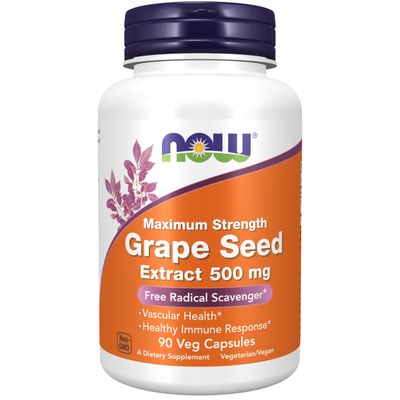 NOW Supplements, Grape Seed Extract, Maximum Strength 500 mg (a Highly Concentrated Extract with a Minimum of 90 Polyphenols), 90 Veg Capsules