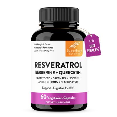 Sandhu&#39;s Resveratrol with Berberine for Gut Health | Digestive Supplement for Women &amp; Men | Green Tea, Star Anise, DGL, Grape Seed Extract &amp; Quercetin | Eases Bloating | 60 Capsules (Pack of 1)