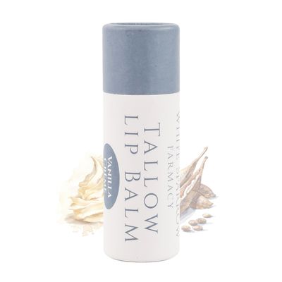 Organic Tallow Lip Balm (Vanilla Crme) from Grass Fed Cows. Super hydrating with Tallow, Olive Oil, Honey, and Beeswax. Sustainable Cardboard Tubes &amp; Hand Filled. Jumbo Size 0.5 oz.