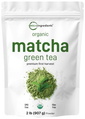 Micro Ingredients Organic Matcha Green Tea Powder, 2 lb | First Harvest, Culinary Grade from Japan | 100 Pure &amp; Unflavored | Great for Tea, Latte &amp; Smoothies | Non-GMO, 0 Calories, Eco-Friendly Pac...