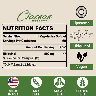 Liposomal CoQ10 800mg Ubiquinol Softgel, Max Absorption Ubiquinol Coenzyme Q10, Ubiquinol CoQ10 Supplement for Antioxidant, Heart Function &amp; Energy Production, Pure CoQ10 800mg, 60 Vegan Softgels