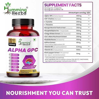 Humming Herbs Alpha GPC Supplement | 13-in-1 Formula with Lions Mane &amp; L-Theanine | 1800mg per Serving | 90 Capsules