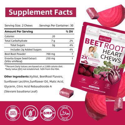 BIYODE Beet Root Chews Supplement: 700mg Beet Root Powder 250mg Grape Seed Extract Heart Healthy Support Blood Nitric Oxide Support Antioxidant Pomegranate Berry Flavor Low Sugar Non-GMO 60 Chews