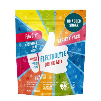 FlavCity Electrolytes Powder Packets - 28 Hydration Packets, Variety Pack - No Added Sugar - Hydration Powder with Real Fruit &amp; Unrefined Sea Salt - Keto &amp; Gluten-Free (28 Stick Packs)