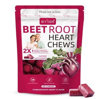 BIYODE Beet Root Chews Supplement: 700mg Beet Root Powder 250mg Grape Seed Extract Heart Healthy Support Blood Nitric Oxide Support Antioxidant Pomegranate Berry Flavor Low Sugar Non-GMO 60 Chews