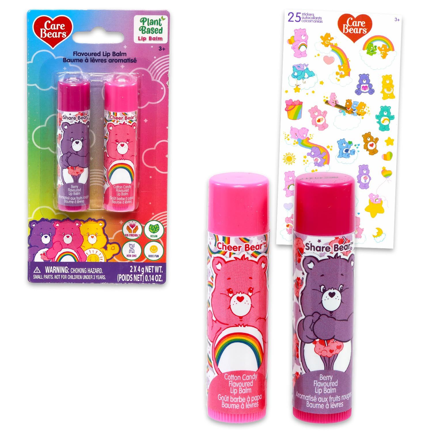 Care Bears Lip Balm Tube Bundle for Kids - 4 Pack of Lip Balm in Assorted Flavors Plus Stickers for Girls, Kids | Care Bears Party Favors