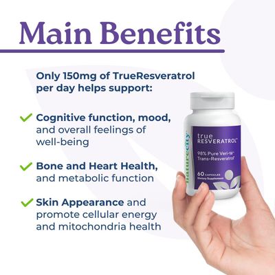 NatureCity TrueResveratrol 75mg Trans Resveratrol Supplement of 98 Pure Veri-te | Anti Aging Antioxidants Supplement for Cardiovascular, Immune, Bone, and Cognitive Support | 60 Veggie Capsules