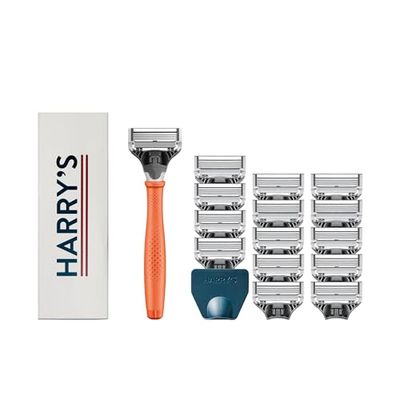 Harry&#39;s Shaving Kit for Men - Razor Handle, 15 Razor Blade Refills, and Travel Blade Cover - Orange