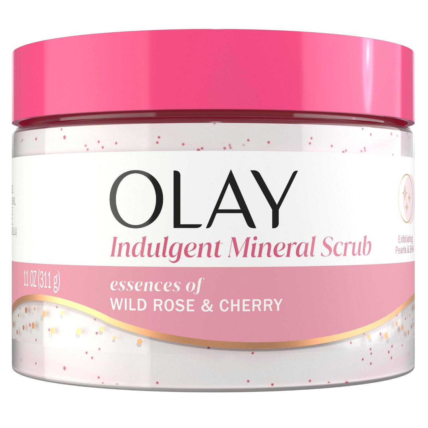 Olay Body Indulgent Mineral Scrub, Skin Exfoliating &amp; Massaging Pearls, Nourishing Soft &amp; Gentle Formula, Renewing BHA, Vitamin B3 Complex, Luxurious Fragrances, Wild Rose &amp; Cherry Creme Scent, 11 oz