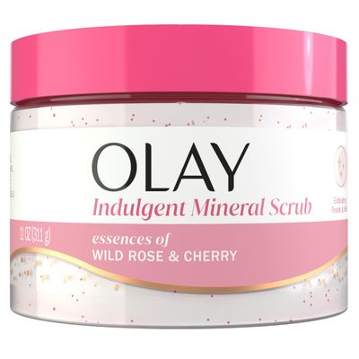 Olay Body Indulgent Mineral Scrub, Skin Exfoliating &amp; Massaging Pearls, Nourishing Soft &amp; Gentle Formula, Renewing BHA, Vitamin B3 Complex, Luxurious Fragrances, Wild Rose &amp; Cherry Creme Scent, 11 oz