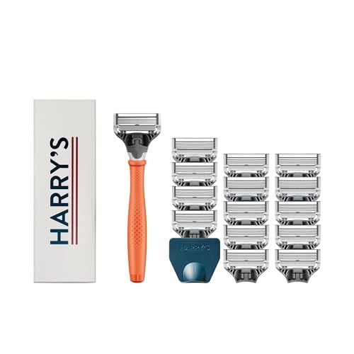 Harry's Shaving Kit for Men - Razor Handle, 15 Razor Blade Refills, and Travel Blade Cover - Orange