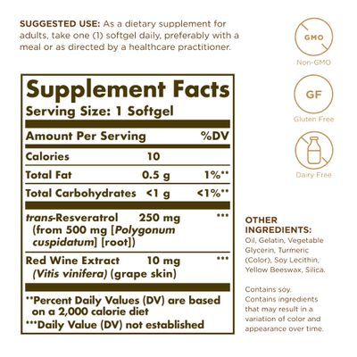 Solgar Resveratrol 250 mg with Red Wine Extract - 60 Softgels - Antioxidant Support - Non-GMO, Gluten Free, Dairy Free - 60 Servings