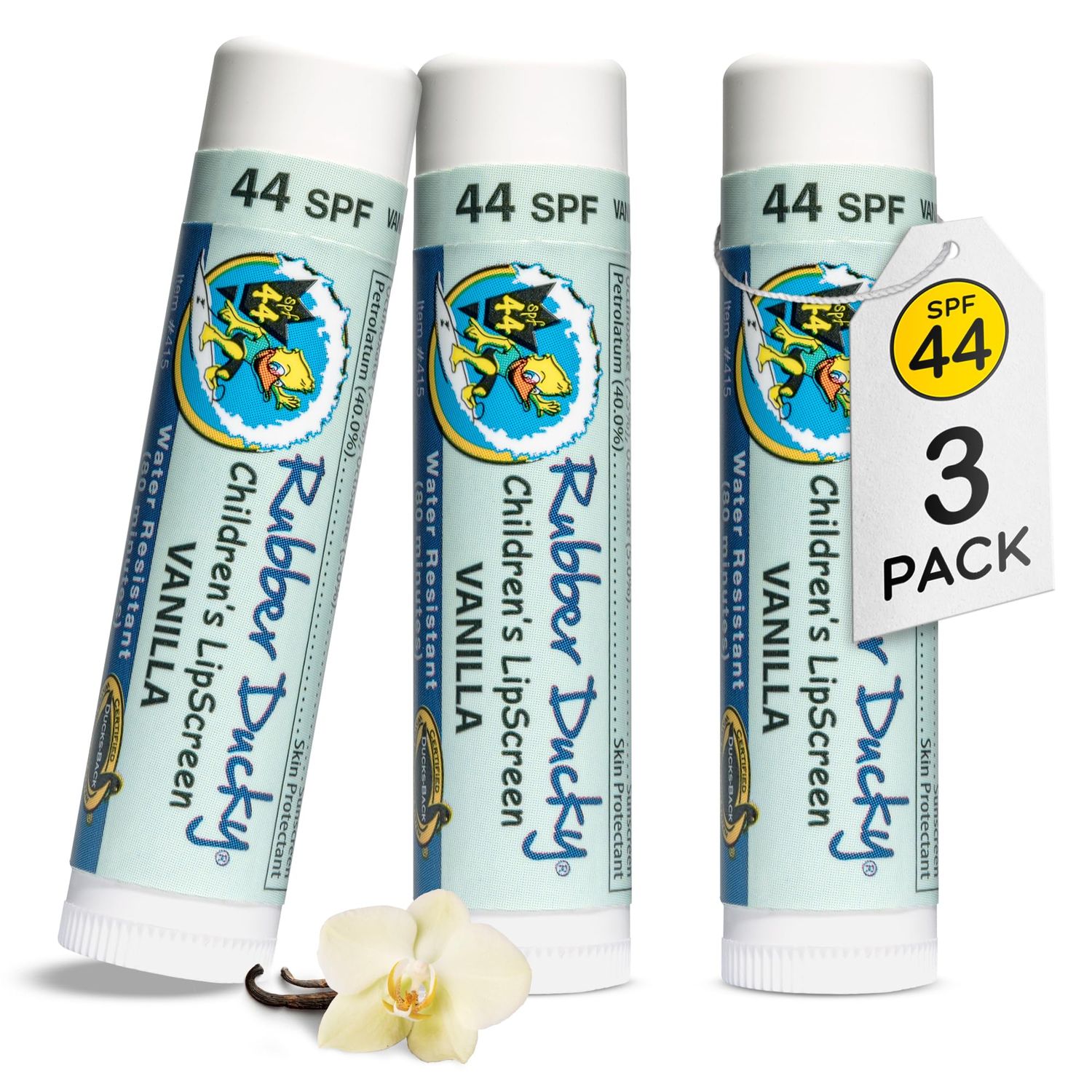 Rubber Ducky Lip Sunscreen SPF 44, Kids Vegan Lip Balm with Vitamin E, UV Protection, Water Resistant, Untinted, Vanilla Flavor, Broad Spectrum