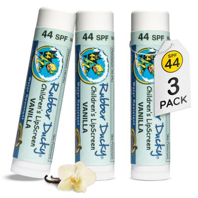 Rubber Ducky Lip Sunscreen SPF 44, Kids Vegan Lip Balm with Vitamin E, UV Protection, Water Resistant, Untinted, Vanilla Flavor, Broad Spectrum