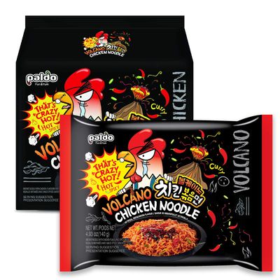 Paldo Fun &amp; Yum Volcano Extremely Hot &amp; Spicy Stir Fried Chicken Instant Noodles, Pack of 4, Soupless Original Korean Ramyun, Spicy Ramen Challenge, Chicken Bokkeummyun, 140g (4.93 oz) x 4