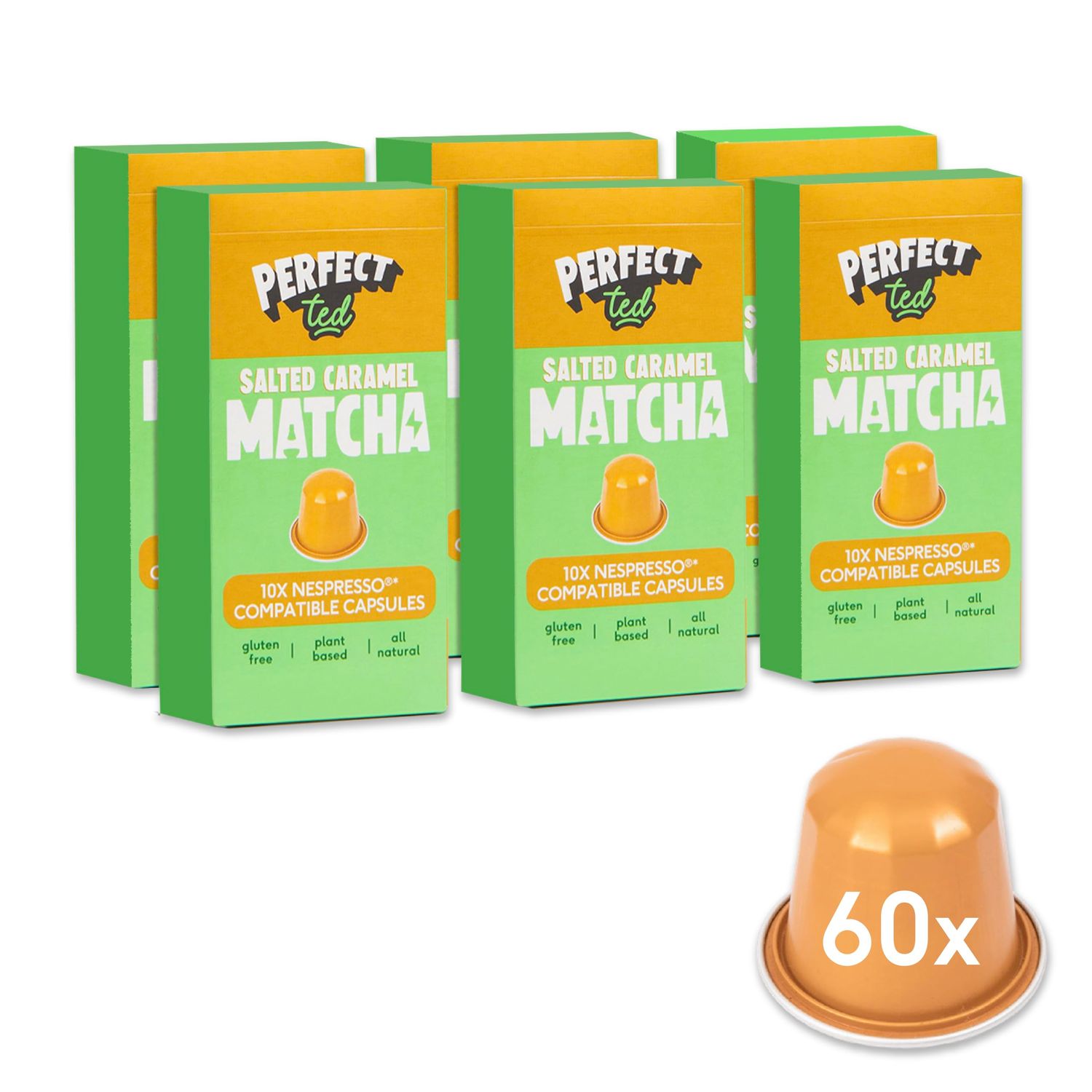 Perfect Ted | Salted Caramel | 60 Pods Compatible with Nespresso | Ceremonial Grade Matcha Powder | Japanese Matcha Latte (60 Pods, Salted Caramel)