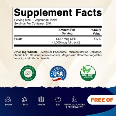 Vitamatic Folic Acid 1000 mcg (1 mg) - Vegetarian Tablets - 1667 mcg DFE - Vitamin B9 (240 Count (Pack of 1))