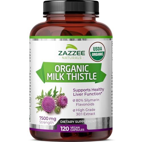 Zazzee USDA Organic Milk Thistle 30:1 Extract, 7500 mg Strength, 120 Vegan Capsules, 80 Silymarin Flavonoids, Standardized and Concentrated 30X Extract, 100 Vegetarian, All-Natural and Non-GMO