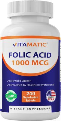 Vitamatic Folic Acid 1000 mcg (1 mg) - Vegetarian Tablets - 1667 mcg DFE - Vitamin B9 (240 Count (Pack of 1))