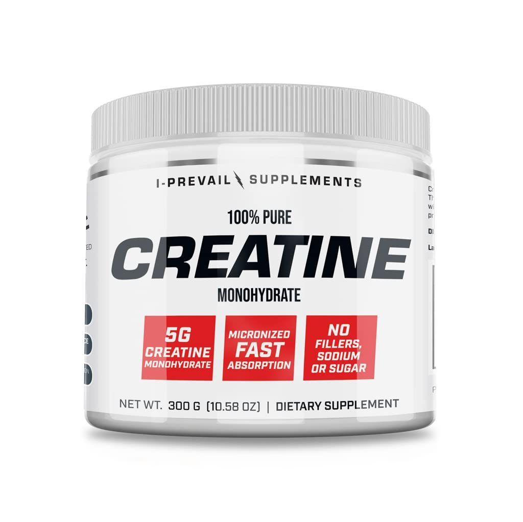 I-Prevail Supplements 100 Pure Creatine Monohydrate Powder Micronized - No Fillers - No Sodium - No Sugar | 5 Grams per Serving | 300 Grams - 60 Servings