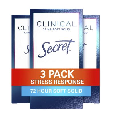 Secret Clinical Strength Antiperspirant Deodorant for Women, Stress Response, 3X Stress Protection, 72hr Sweat &amp; Odor Protection, PH Balancing Minerals, Soft Solid, 1.6 oz (Pack of 3)