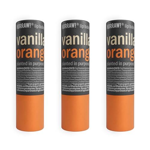 Hurraw! Vanilla &amp; Orange Lip Balm, 3 Pack: Plastic-Free with new cardboard push-up tube. Certified Organic, All Natural Origin, Vegan &amp; Cruelty Free. Gluten, Bee, Shea, Soy &amp; Palm Free. Made in USA