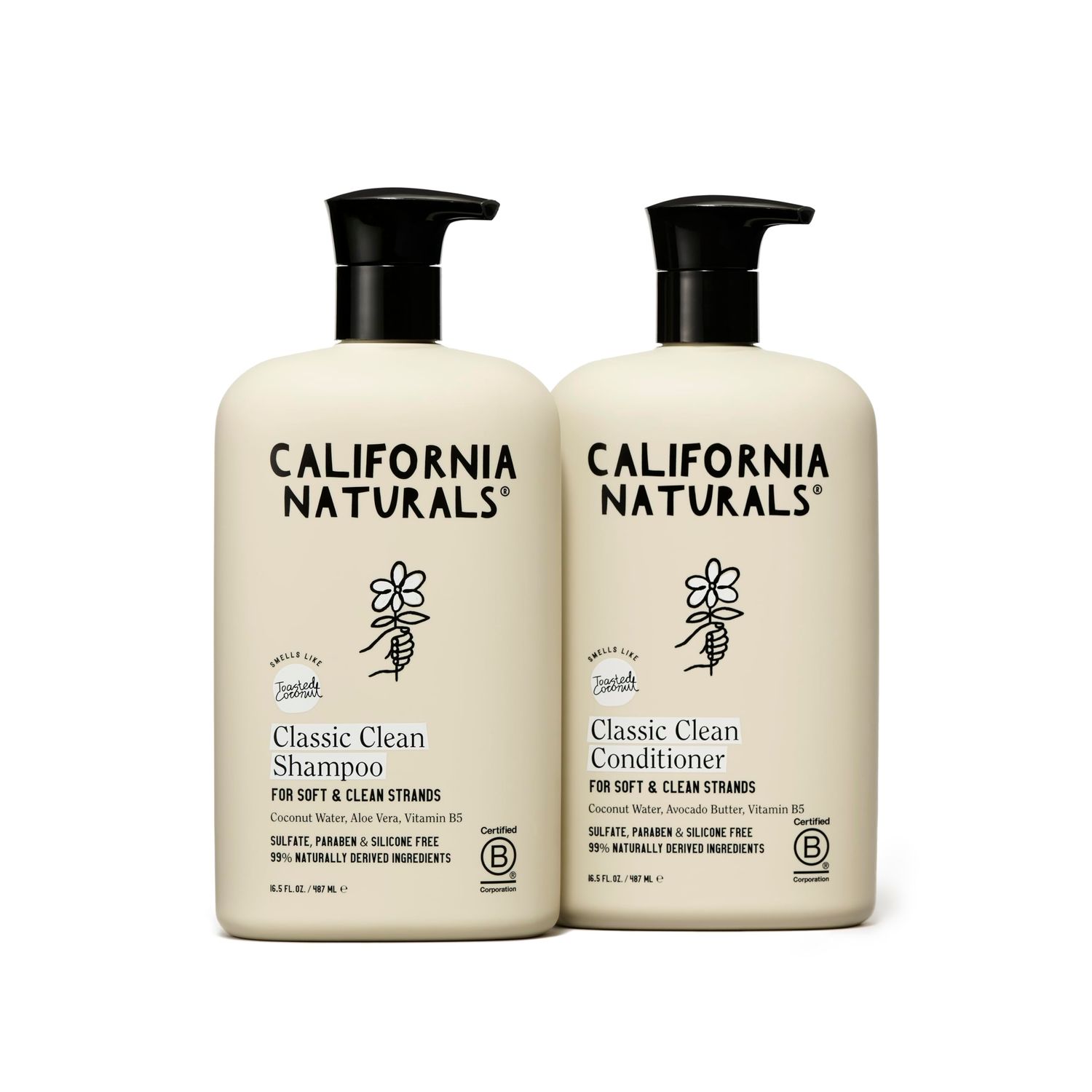 California Naturals Coconut Shampoo &amp; Conditioner, Natural, Vegan, Cruelty, Silicone, Paraben, and Sulfate Free Shampoo, All Hair Types, 16.5 Fl Oz (Pack of 2), Classic Clean Coconut