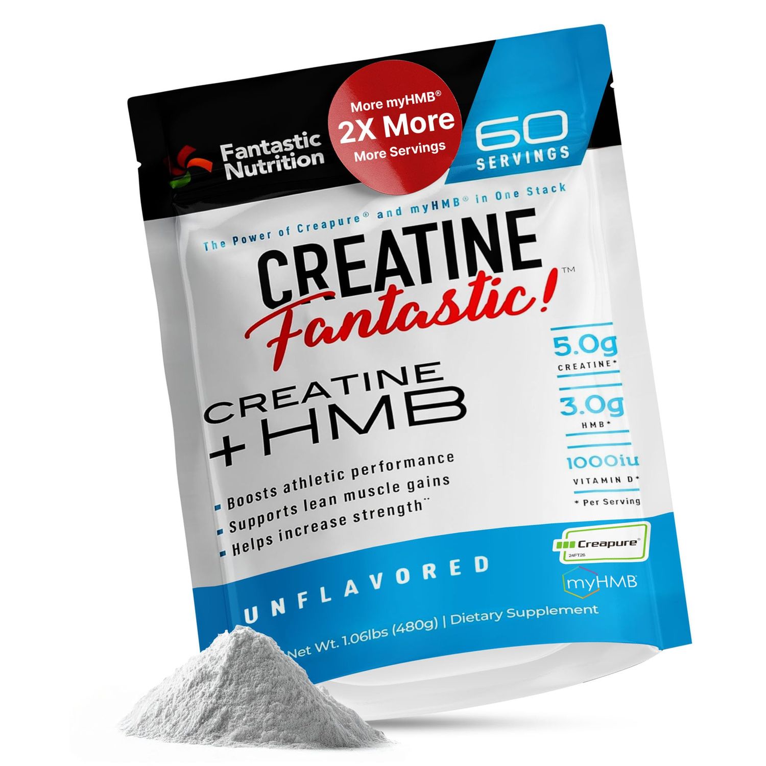 Fantastic Nutrition German Creatine HMB Powder - 5g Creapure Micronized Creatine Monohydrate 3g myHMB - Muscle Support, Strength and Recovery - Unflavored, Non-GMO - 60 Servings