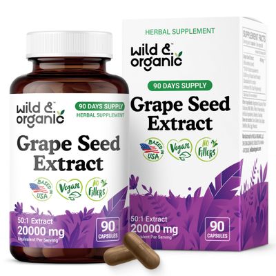 Wild &amp; Organic Grape Seed Extract Capsules - 20,000 mg Strength Grapeseed Extract Equivalent - 95 Polyphenols - 400 mg per Serving - 3 Month Supply - 90 Vegan Capsules - Non-GMO