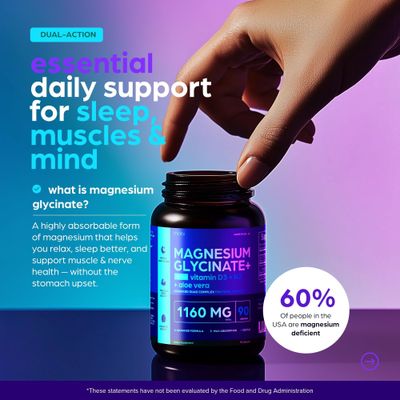 Magnesium Glycinate 1160mg Aloe Vera, D3 & K2 Complex 90 Capsules - High Absorption, Non-Laxative - Stress Relief, Sleep, Muscle, Nerve, Heart & Metabolism Support - Chelated Formula