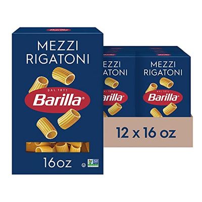Barilla Mezzi Rigatoni Pasta, 16 oz. Box (Pack of 12) - Non-GMO Pasta Made with Durum Wheat Semolina - Kosher Certified Pasta