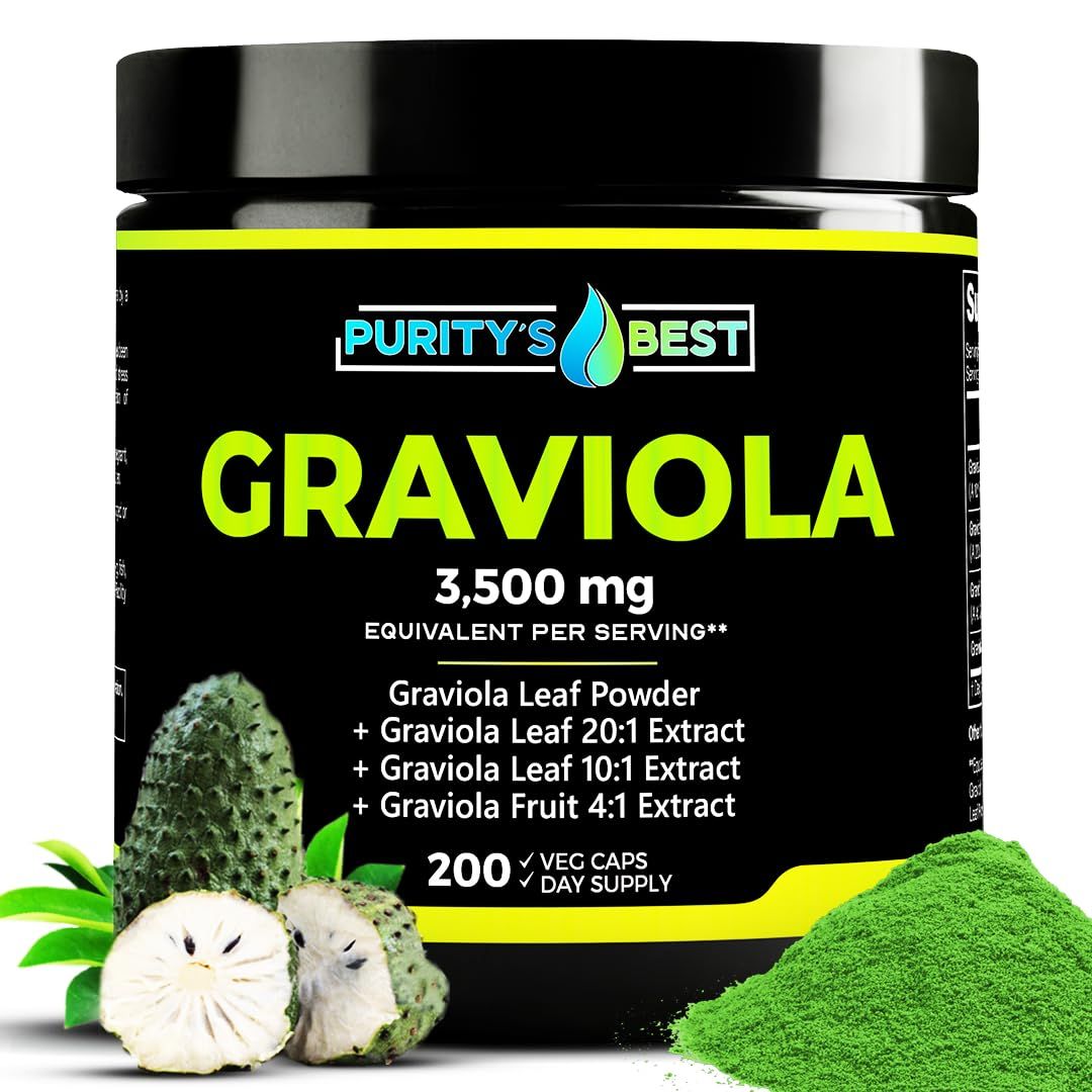 Puritys Best Graviola Leaf Powder, 3,500 mg, Vegan Supplement, Antioxidant Powerhouse, Supports Immune &amp; Digestive Enzymes, Cell Growth, NonGMO, 200 Veggie Caps Made in USA