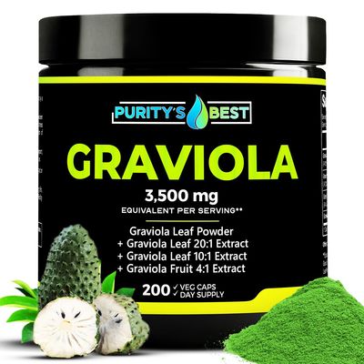 Puritys Best Graviola Leaf Powder, 3,500 mg, Vegan Supplement, Antioxidant Powerhouse, Supports Immune &amp; Digestive Enzymes, Cell Growth, NonGMO, 200 Veggie Caps Made in USA