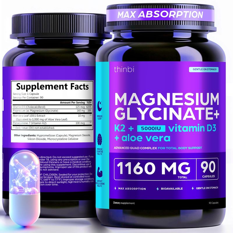 Magnesium Glycinate 1160mg Aloe Vera, D3 &amp; K2 Complex 90 Capsules - High Absorption, Non-Laxative - Stress Relief, Sleep, Muscle, Nerve, Heart &amp; Metabolism Support - Chelated Formula