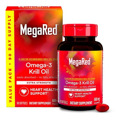 MegaRed Antarctic Krill Oil 500mg Omega 3 Fatty Acid Supplement, Extra Strength EPA &amp; DHA Krill Oil Softgels (90cnt Box), Astaxanthin, Heart Health Supplement with No Fish Oil Aftertaste