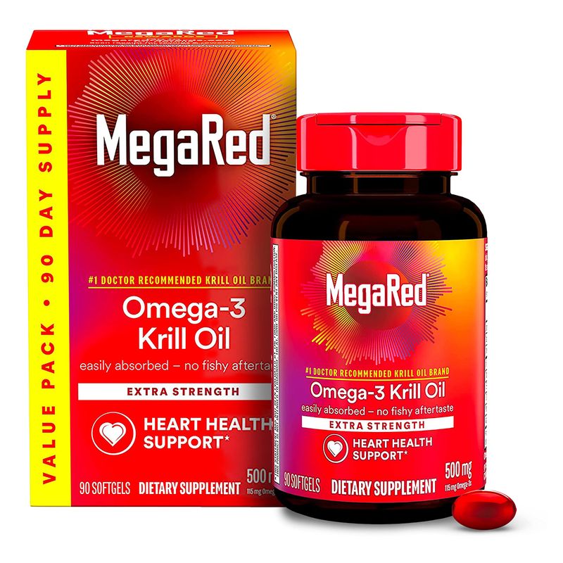 MegaRed Antarctic Krill Oil 500mg Omega 3 Fatty Acid Supplement, Extra Strength EPA &amp; DHA Krill Oil Softgels (90cnt Box), Astaxanthin, Heart Health Supplement with No Fish Oil Aftertaste